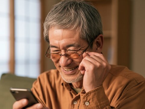 手元のスマートフォンを見つめながら穏やかに微笑む眼鏡をかけた高齢男性