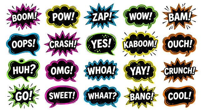 Set of comic book speech bubbles with sound effects isolated on transparent background