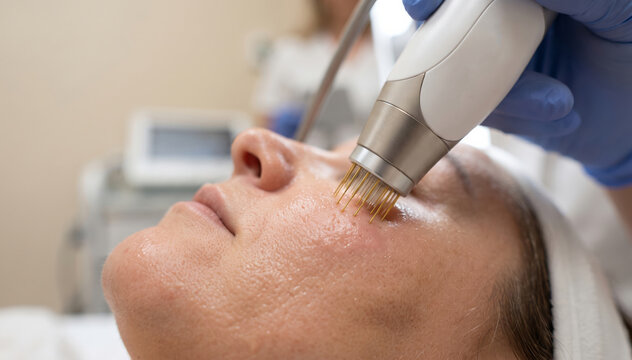 Close-up shot of a professional RF microneedling skin rejuvenation treatment being performed on a woman's face