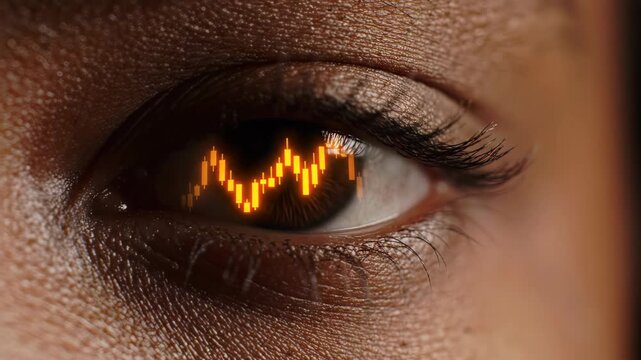 Macro human eye visual featuring glowing stock market candlestick graph, financial data analysis and trading chart reflection, concept for investment vision and market intelligence