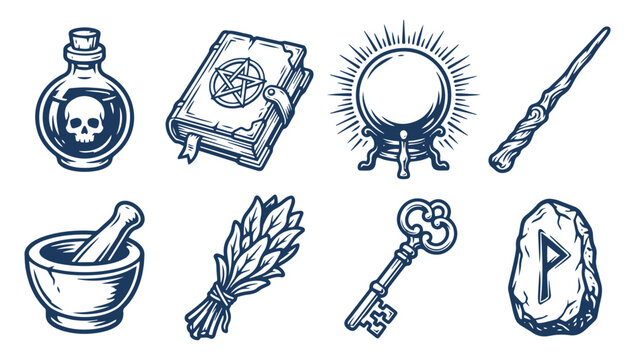 Set of vintage style magic icons with potion bottle spell book and crystal ball