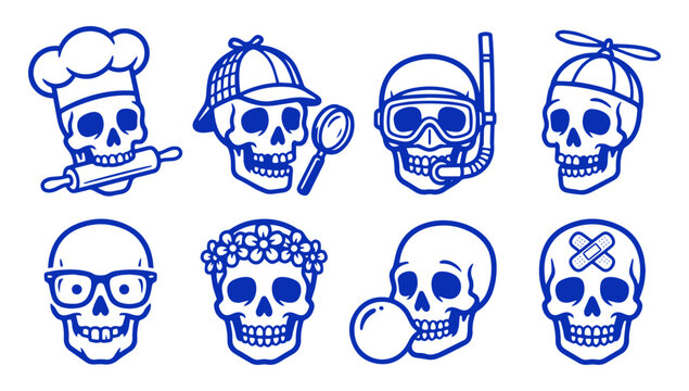 Set of funny cartoon skull characters wearing various accessories and costumes for sticker designs
