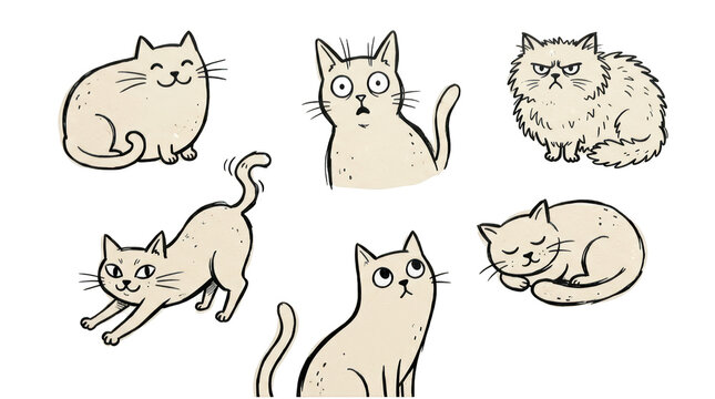 Set of cute cartoon cats in various poses isolated on transparent background