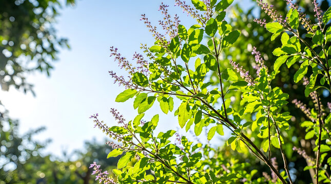Low angle view of holy basil plant against clear blue sky. Green tulsi leaves and purple flowers growing in sunlight. Ayurvedic herb
