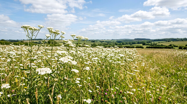 Wide landscape of a wild field filled with white yarrow flowers. Rolling green hills and blue sky with clouds in the countryside. Summer meadow scenery