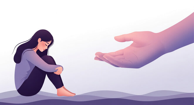 A woman curled up in distress with an outstretched hand offering help, symbolizing comfort, support, and hope, representing mental health or social care.