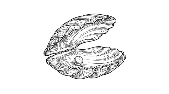 Hand drawn illustration of an open seashell with a pearl inside isolated on transparent background