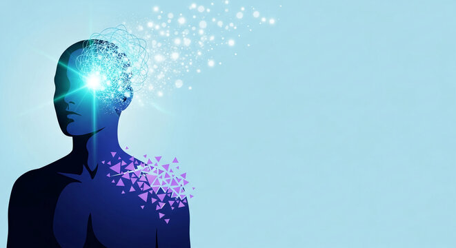 Abstract silhouette of a human head with swirling light and geometric shapes exploding, symbolizing thought, creativity, and transformation on a light blue background