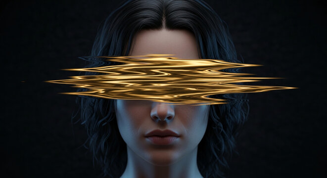 A portrait of a person with dark hair, eyes obscured by a golden, wavy abstract shape, symbolizing mystery and transformation