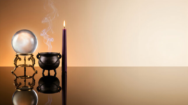 Mystical crystal ball on gold stand, smoking black cauldron and purple candle, occult divination tools on reflective surface halloween