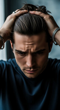 Close-up of a man touching his hair, with hands showing a ring and bracelet, conveying a sense of contemplation or stress, representing inner thought or personal reflection