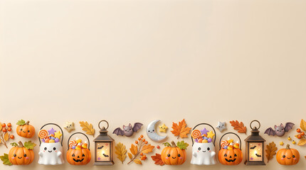 Fototapeta premium Cute Halloween border with pumpkins and ghosts. Autumn flat lay with spooky decorations. Minimalist holiday background with copy space. halloween