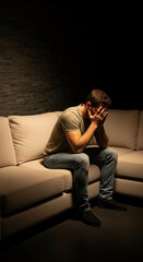 Fototapeta premium Man sitting on couch with face in hands, conveying a sense of despair or deep thought, symbolizing mental state, loneliness, or stress