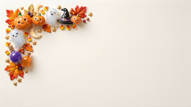 Halloween flat lay corner border, cute pumpkin and ghost decorations on white background, festive autumn holiday frame with copy space halloween