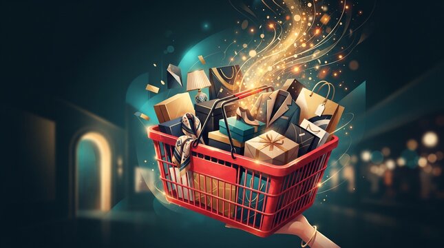 Shopping basket filled with gifts and sparkles for Black Friday  