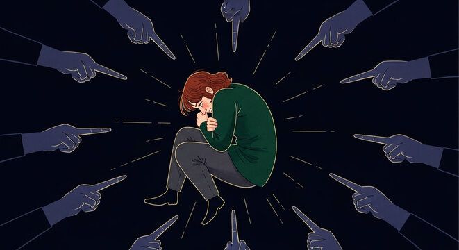 Cowering figure surrounded by pointing fingers, symbolizing blame, shame, and isolation, representing emotional distress and social judgment.