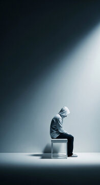 A person in a hooded sweatshirt sits alone on a stool, illuminated by a single beam of light, symbolizing isolation and introspection in a stark environment.