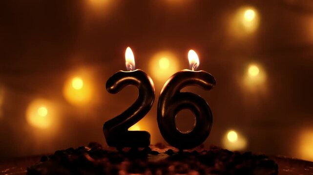Burning number 26 candles glow warmly before being blown out, creating a soft celebratory atmosphere with golden lights and gentle smoke in the background