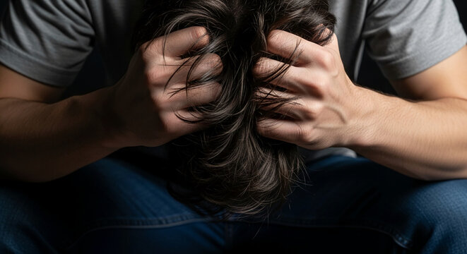 Close-up of hands pulling dark hair, head down, conveying distress, sadness, and despair, representing emotional struggle and mental anguish