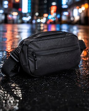 Waterproof Black Sling Bag on Rain Slicked Asphalt. Urban product photo of a waterproof black techwear sling bag with water beads on wet road.
