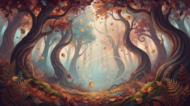 Autumn Equinox Day in a Mystical Forest with Colorful Leaves  