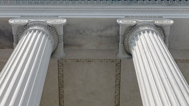 Two Treasury Building Ionic columns reveal volute capitals and portico ceiling.
