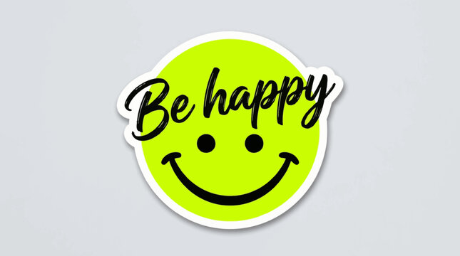 Be Happy inspirational sticker, neon yellow smiley face vector, positive quote badge with black script typography