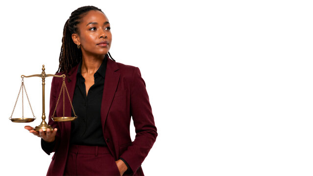 Woman in business suit holding scales of justice. Legal profession, law firm, courtroom, justice system.
