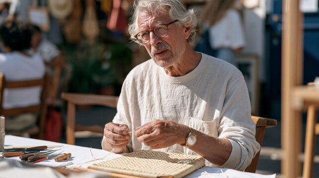 A caning craftsman weaves chair seat patterns alone at a vibrant artisan fair, childhood learning to ride a bike ethos captured in the solitary focused repetition of learning a