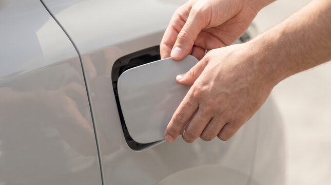 Hands opening the charging port flap door on the side of a modern white electric vehicle outdoors