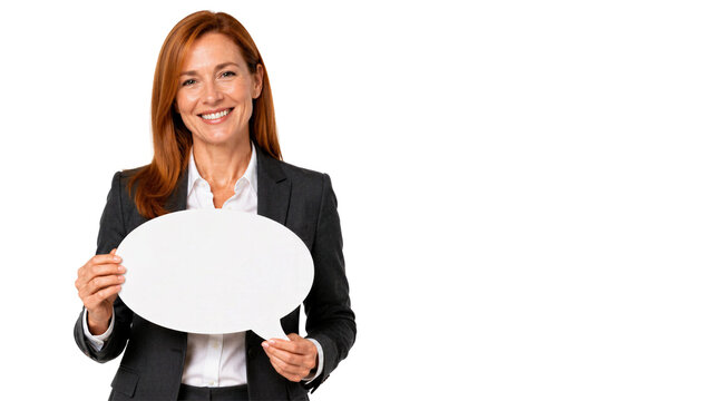 Businesswoman holding blank speech bubble looking at camera. Communication, customer service, marketing, presentation.