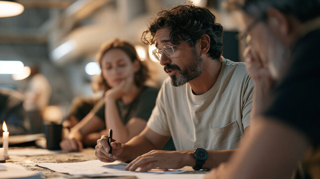 dam operations engineer with a candlelit evening planning session a small group of infrastructure specialists around a weathered table inside a control room annex reviewing blood