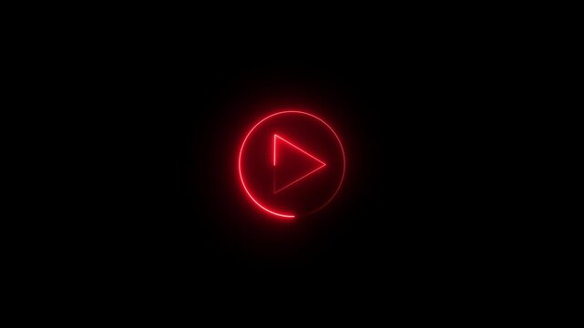 Neon red glowing play button animation on black background, for digital media, interface