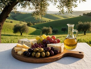 Naklejka premium Cheese, olives, grapes and olive oil served on wooden board. Beautiful Tuscan hills backdrop with green grass, trees, and soft light during golden hour.