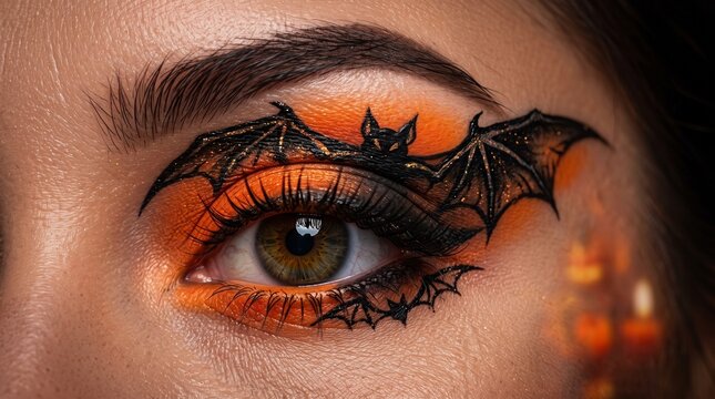 Close up female eye with spooky Halloween bat wing eyeliner and orange eyeshadow makeup