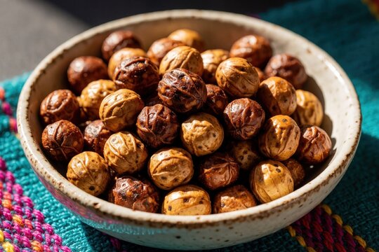 Roasted tiger nuts fill a textured bowl, offering a healthy snack with a nutty sweet taste. This traditional food is a crunchy vegan choice for mindful eating.