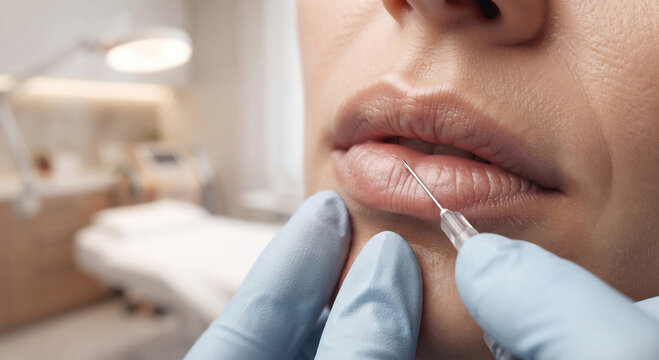 Macro close-up view of a professional lip filler injection procedure performed by a specialist in an aesthetic medical clinic, featuring 