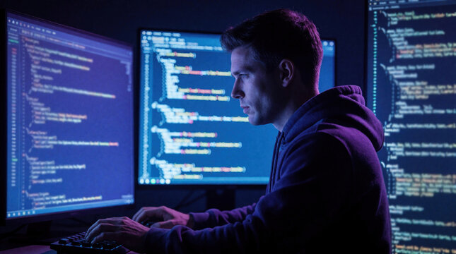 Focused young male programmer works on multiple computer monitors in dark room. Types code on keyboard studying complex data on glowing screens. Pro software developer engages in deep programming