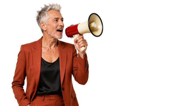 Man with gray hair shouting into megaphone isolated on transparent background. Public announcement, marketing campaign, event promotion.