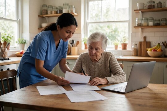 Nurse helps elderly woman sign documents in home kitchen. Senior reviews paperwork with caregiver near laptop. Domestic care, insurance, bills, finance consultation. Mature patient discusses medical