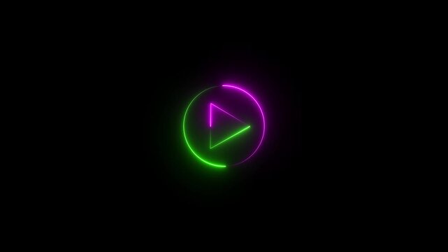 Neon play button with glowing green and purple circular border animation on black background, motion digital