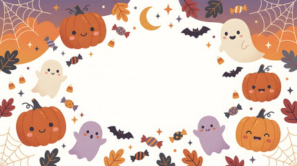 Obraz premium Decorative halloween border design featuring smiling pumpkins ghosts bats candy corn web and fall leaves on light background for party cards.