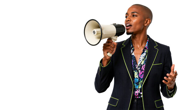 Woman holding megaphone and speaking into it. Business communication, public announcement, protest, event organizer.