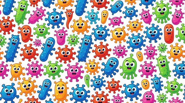 Colorful seamless pattern of cute cartoon microbes, germs. Funny bacteria characters with big eyes smile on white background. Vibrant microbiology illustration for kids science education, medical