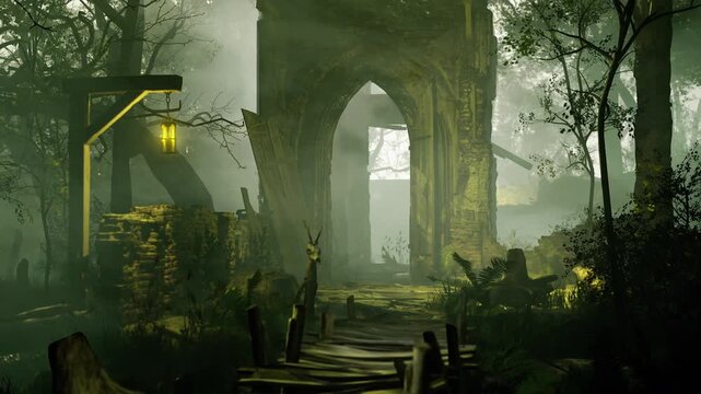 A narrow wooden path leads through a mysterious forest filled with mist and shadows. Ancient ruins rise before, beckoning adventurous souls to explore the secrets within.
