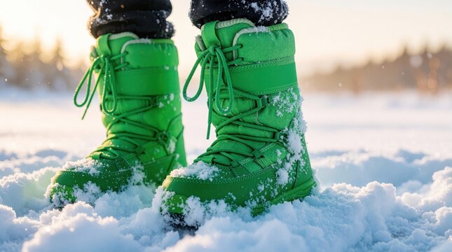 Close up of bright green snow boots on fresh white snow. Person wears warm winter footwear for hiking, mountain trekking. Cold weather gear stands in morning sunlight during outdoor winter adventure