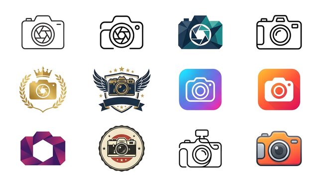 A collection of various camera icons and logos featuring linear, flat, gradient, and emblem styles for photography branding and graphic design projects.