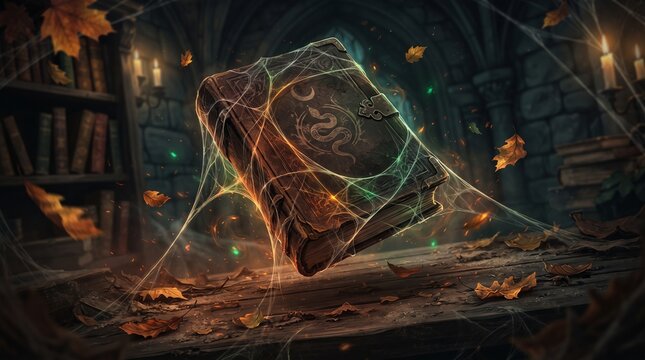 Ancient book covered in cobwebs on a wooden table in a dark library for Halloween