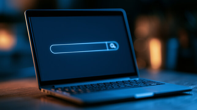 Online search interface on laptop with search bar and magnifying glass icon, representing web search, SEO optimization, information discovery, digital marketing, internet browsing