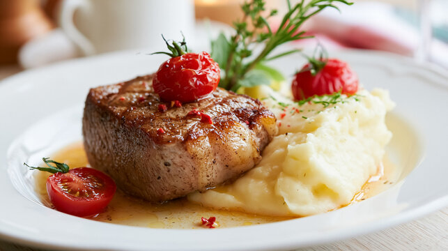 Grilled beef steak served with fluffy mashed potatoes, vibrant cherry tomatoes, and fresh rosemary, presenting a gourmet meal